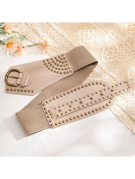 Vintage Wide Elastic Studded Waist Belt | Stretchy Rivets Metal Buckle Fashion main image 6